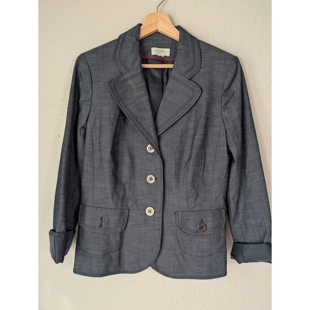 Loft Jacket Blazer Women's Size 12 Large Blue 3 Buttons‎ Lined Collared N92